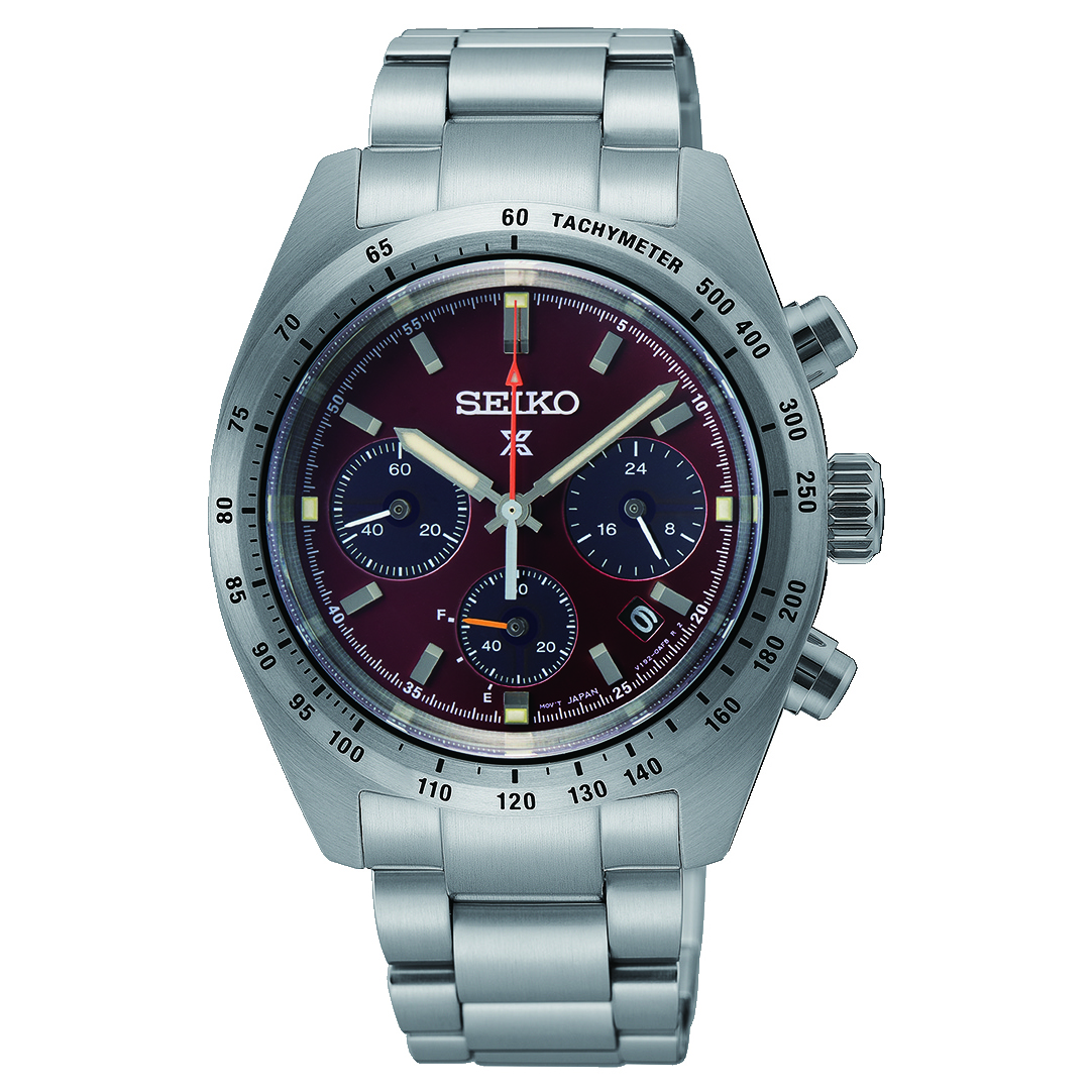 steel Seiko watch with red face